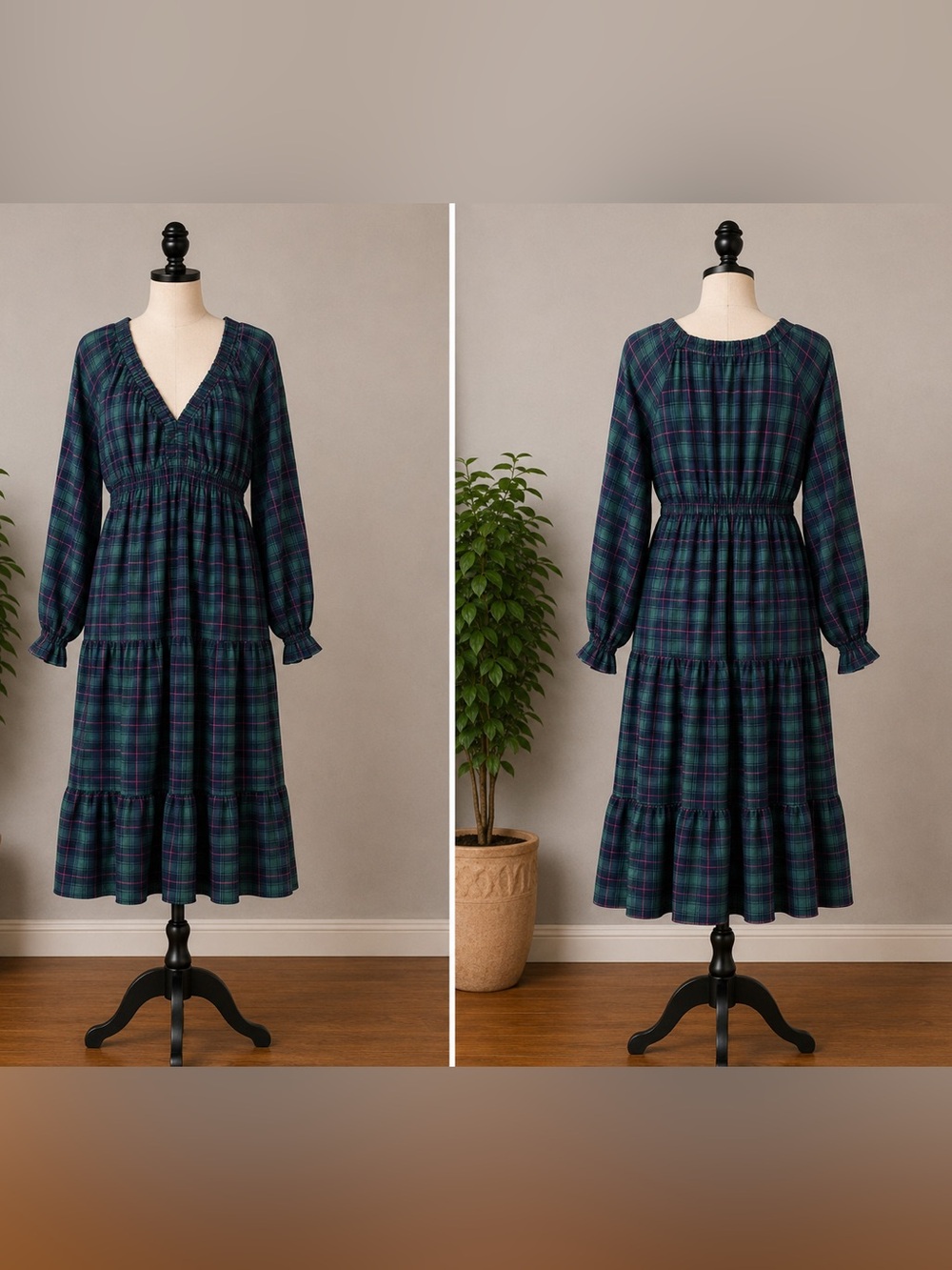 Plaid Tiered Maxi Dress — Green & Pink